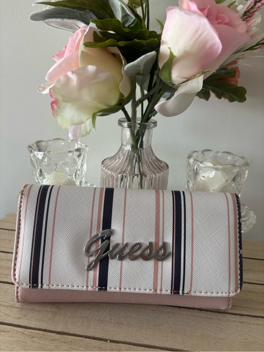 GUESS Pink, Navy & Cream Striped Women's Wallet